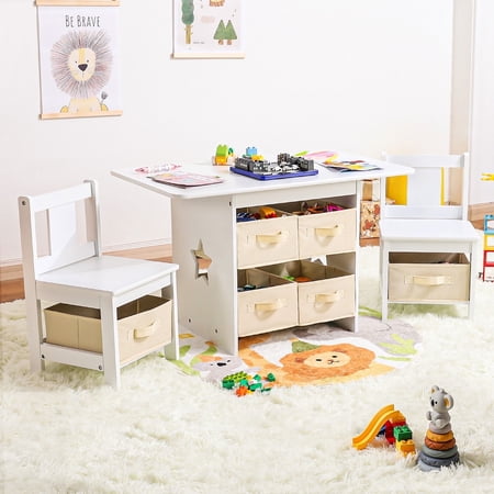 VigorPro 3-in-1 Wooden Kids Art & Craft Table with 2 Chairs, 6 Storage Bins, White