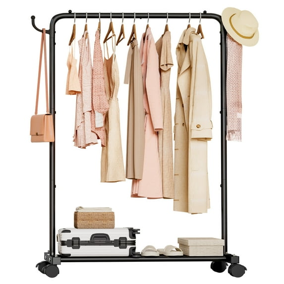 VigorPro Heavy Duty Rolling Garment Rack,Mental Clothing Rack for Hanging with Stroage Shelf and Hooks(Black, 32")