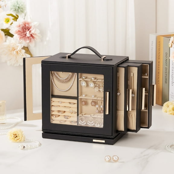 VigorPro 360° Rotating Jewelry Box, Jewelry Organizer with Transparent Window & Mirror for Girls Women(Black)