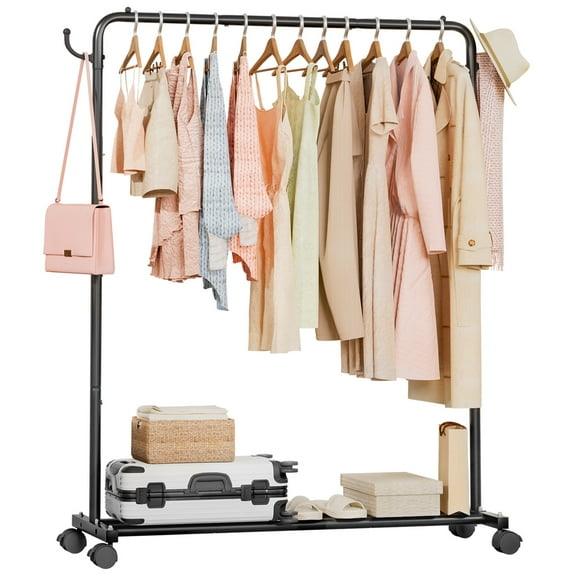 VigorPro Heavy Duty Rolling Garment Rack,Mental Clothing Rack for Hanging with Stroage Shelf and Hooks(Black, 46")