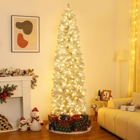 Vigorpro 7.5ft Pre-Lit Slim Christmas Tree with 300 LED Lights (Warm White/Multicolor), Silver Tinsel Artificial Xmas Tree