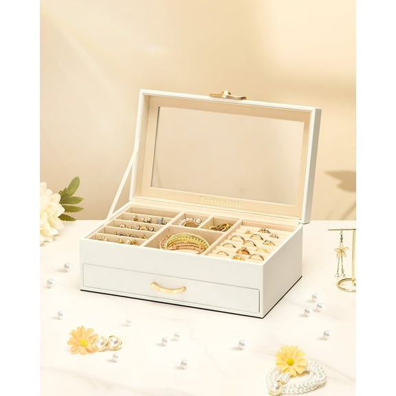 VigorPro Jewelry Box for Women Girls, Glass Top Display Jewelry Organizer with Storage, Gift Worthy - White