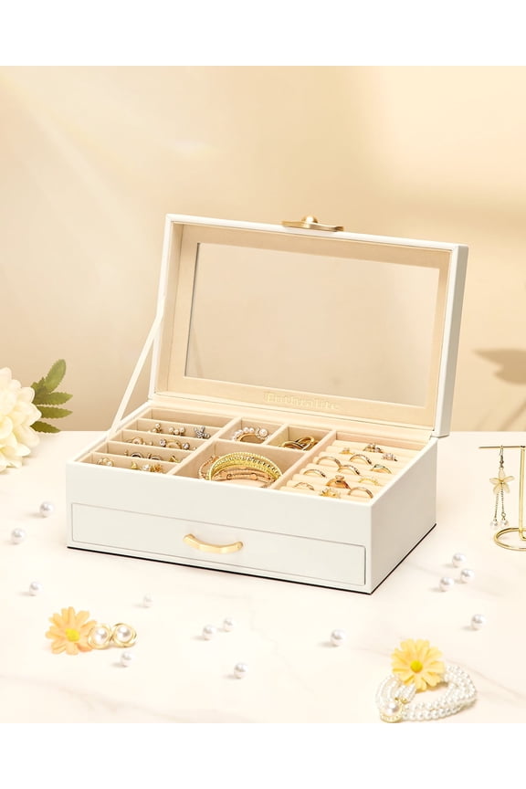 Jewelry Box for Women Girls, Glass Top Display Jewelry Organizer with Storage, Gift Worthy - White