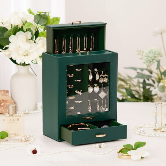 VigorPro Jewelry Organizer with Display Windows& 3 Drawers, Jewelry Box for Girls Women Jewels(Green)