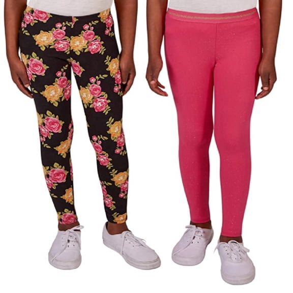 Vigoss Girls 2 Pack Soft Cotton Stretch Leggings Pink Sparkle/Black Roses (XL (14))