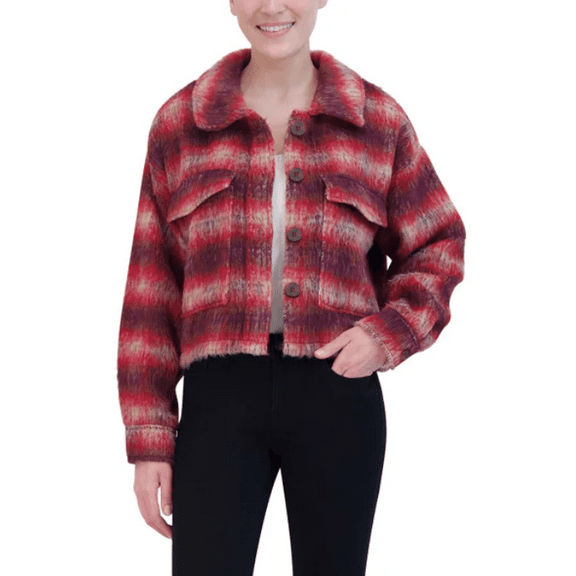 Vigoss Ladies' Brushed Plaid Crop Jacket, Red, M