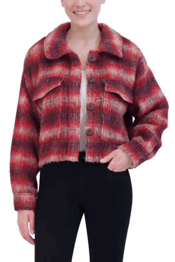 Ladies' Brushed Plaid Crop Jacket, Red, M