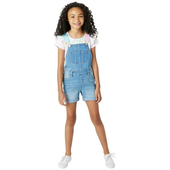 Vigoss Youth Girl's 2-Piece Cotton T-Shirt and Denim Overall Shortall Set (White, S)