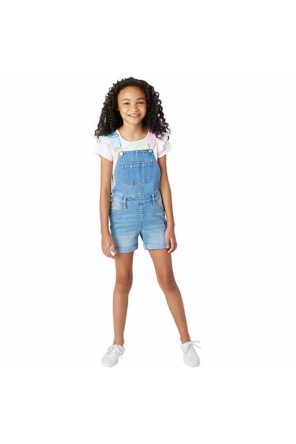 Youth Girl's 2-Piece Cotton T-Shirt and Denim Overall Shortall Set (White, S)
