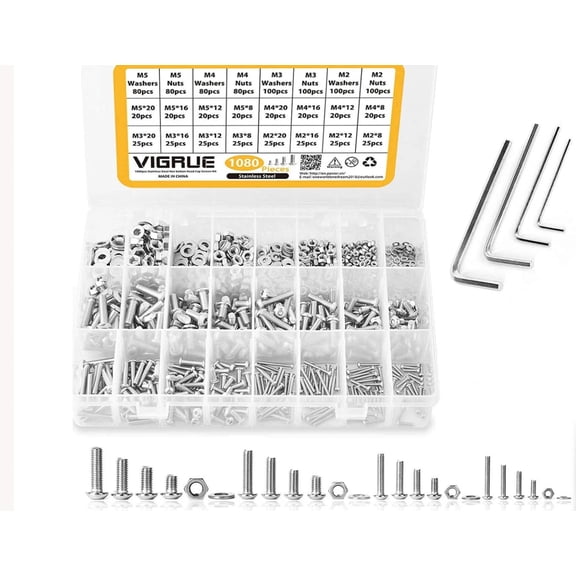 Vigrue 1080pcs M2 M3 M4 M5 Hex Button Head Bolts Nuts Washers Screws Assortment Kit