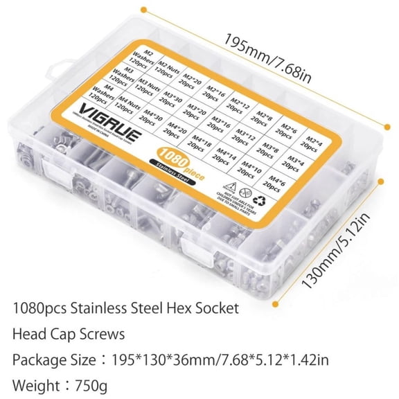 Vigrue Hex Socket Head Cap Screws Assortment Kit, 1080 Pieces, Stainless Steel