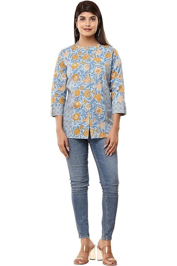 Floral Printed Summer Tunic Casual Top for Women Shirt Kurti for Ladies Blue
