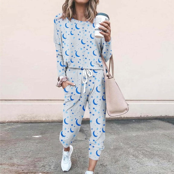 Viikei 2 Piece Lounge Sets for Women,Women Winter Letter Print Round Neck Long Sleeve Trousers Casual Home Wear Suit Pajams Sets Sky Blue L