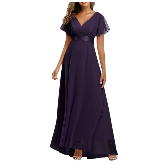 Viikei 2025 Summer Short Sleeve Dresses for Women Women Big Swing V-Neck Dress Chiffon Elastic Banquet Bridesmaid Evening Dress