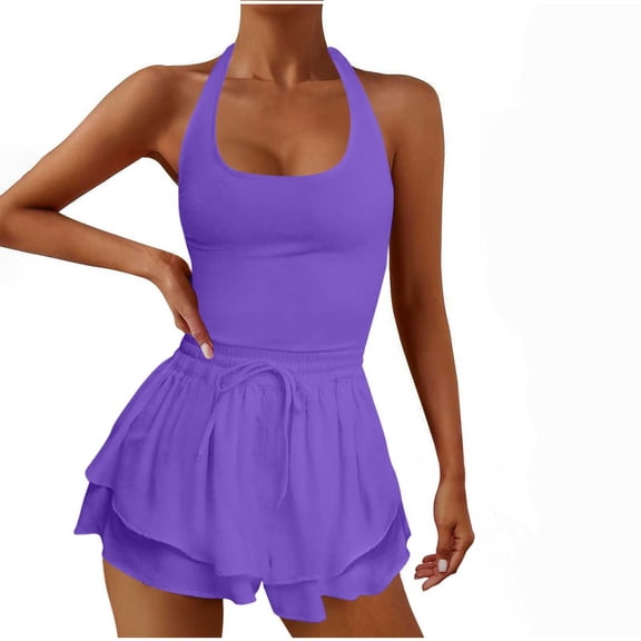 Viikei 2025 Summer Shorts for Women Plus Size Clearance Womens Workout Romper Outfits Sleeveless Running Onesie Open Back Exercise Waisted Yoga Jumpsuits