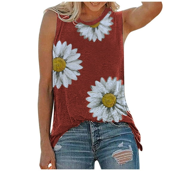Viikei 2025 Summer Tank Tops for Women Women Summer Tops O-neck Daisy Print Sleeveless Tank T-Shirts Graphic Blouse