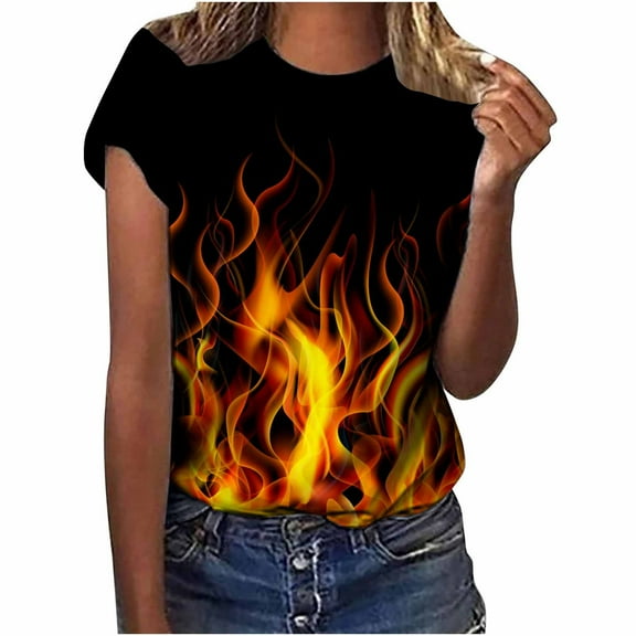Workout Tops for Women Viikei 2025 Summer Womens Tops Under $5 Women's Crewneck Short Sleeves Flame Printed Pattern Casual Tops Blouse Print Shirt