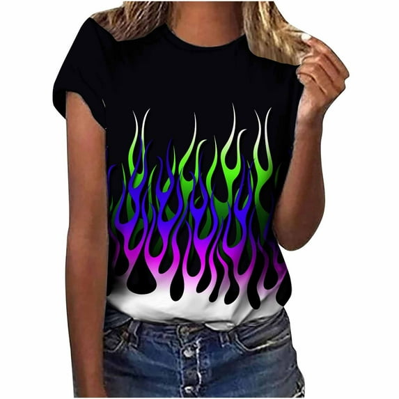 Plus Size Tops for Women Viikei 2025 Summer Womens Tops Women's Crewneck Short Sleeves Flame Printed Pattern Casual Tops Blouse Print Shirt