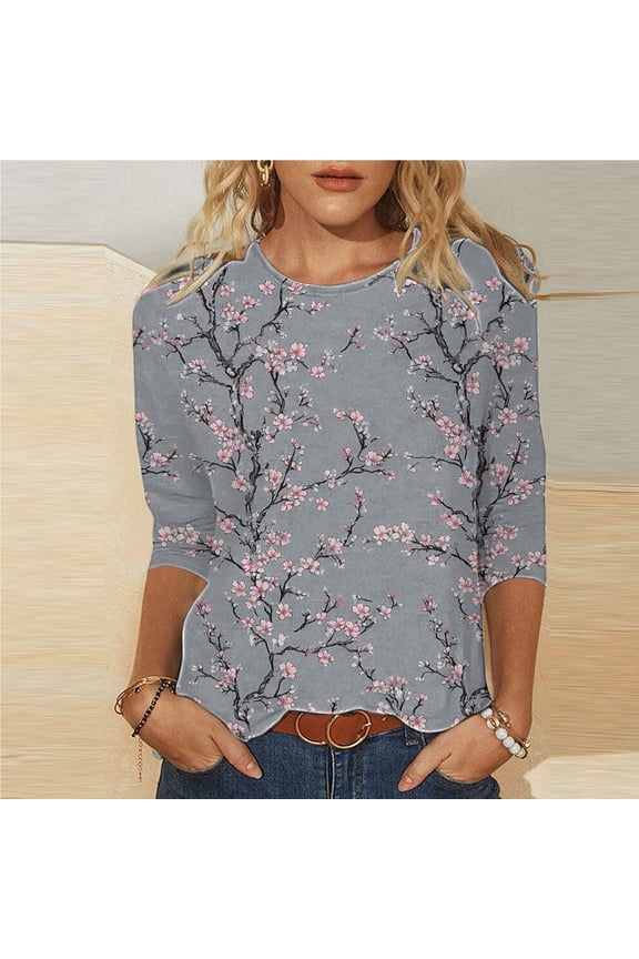 3/4 Length Sleeve Womens T Shirts Plus Size,Ladies' Easter Day Printed Round Neck Three Quarter Sleeve 3/4 Sleeve T-shirt Loose Gray XXL