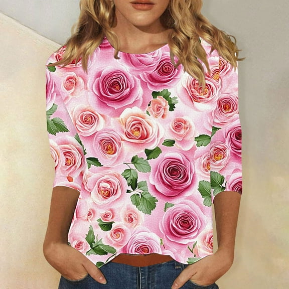 Viikei 3/4 Length Sleeve Womens T Shirts Plus Size,Ladies' Loose Casual Daily Printed Round Neck Three Quarter Sleeve 3/4 Sleeve T-shirt Pink XL