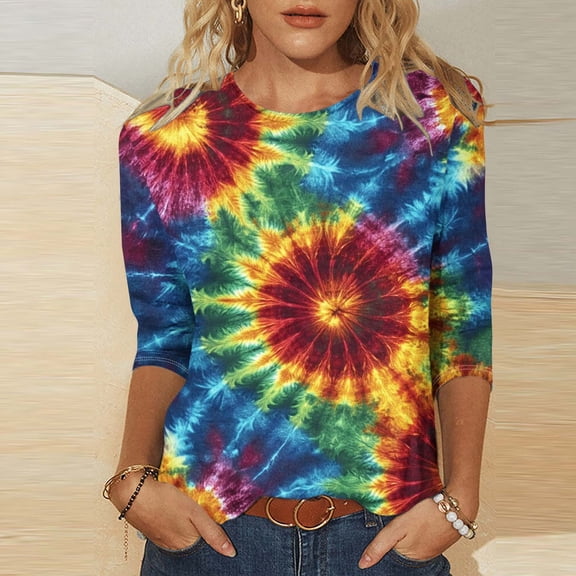 Viikei Active Women's Round Neck Top 3/4 Sleeve,Women Fashion Casual Printed Round Neck Three Quarter Sleeve 3/4 Sleeve T-shirt Loose Multicolor L