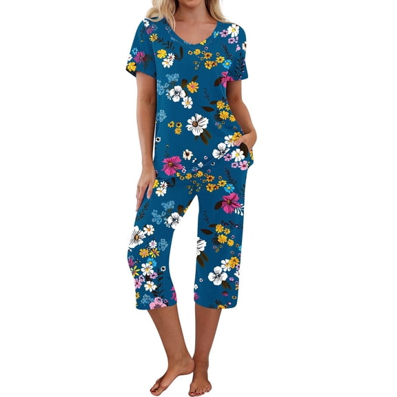 Viikei Athletic Pajama Set Sporty Sleep Joggers & Tee,Women-neck Short Sleeved Pajamas and Pants Set Casual Pajamas with Pockets Dark Blue S