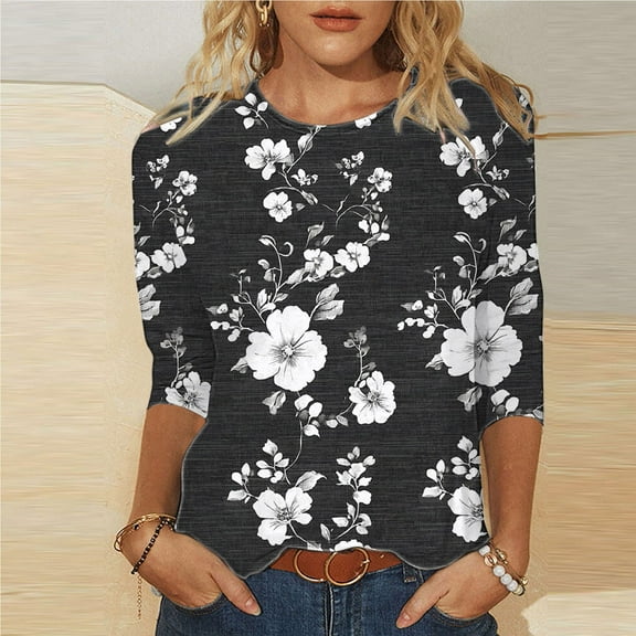 Viikei Autumn Women's Round Neck Top with 3/4 Sleeve,Ladies' Easter Day Printed Round Neck Three Quarter Sleeve 3/4 Sleeve T-shirt Loose Black M