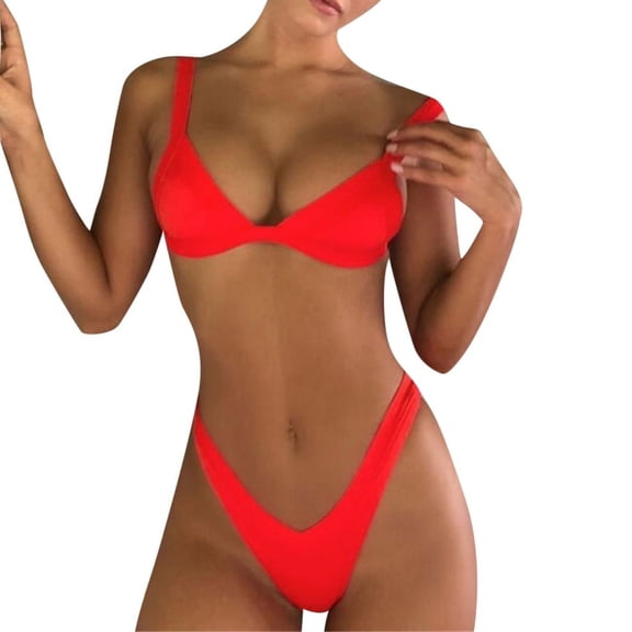 Viikei Bikini Set Swimwear for Women Plus Size Summer 2 Piece Solid Color High Cut Backless Bikini Set Beachwear Swimsuit