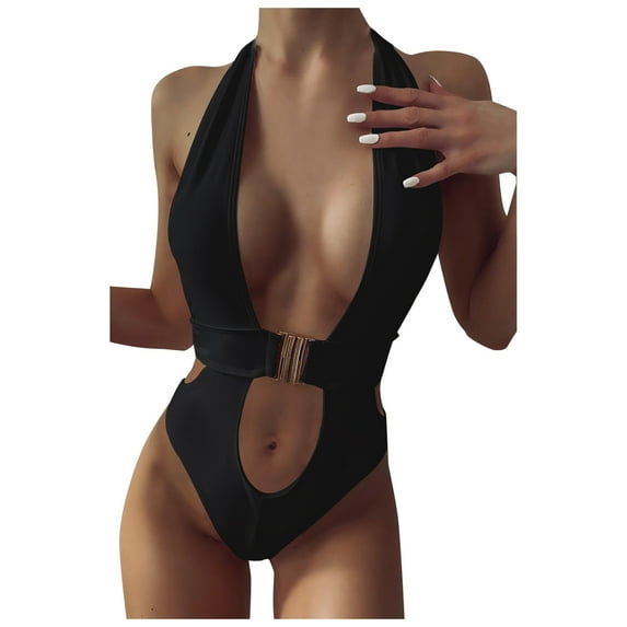 Viikei Bikini Set Swimwear for Women Summer Plus Size 1 Piece Solid Color Deep V Buckle Design Bikini Swimsuit