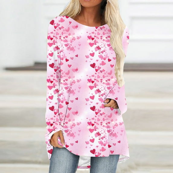 Viikei Blouse for Women Clearance under $10,Ladies' Casual Valentine's Day Printed Pullover with Shoulder Sleeves Shirt Long Sleeved Round Neck Top Multicolor XXXL