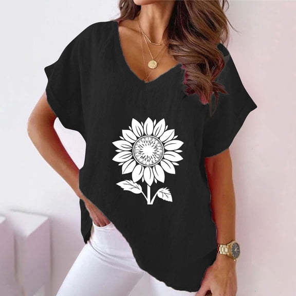 Viikei Blouse for Women Dressy Casual,Women V-neck Print T-Shirts Fashion Comfortable Female Blouses Black S