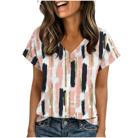 Viikei Blouses for Women,Womens Fashion Casual Loose Printing Short Sleeve Out Blouse Funny V-Neck T-Shirt Top Pink S