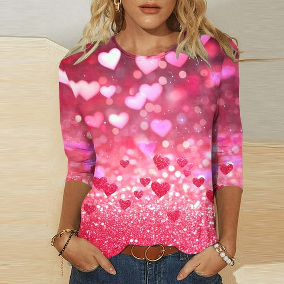 Viikei Blouses for Women Dressy,Fashion Woman Casual Round Neck Printing Blouse 3/4 Sleeve T-Shirt Summer Tops Pink S