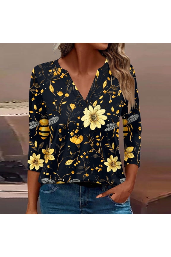 Bold Color Women's V Neck Top with 3/4 Sleeves,Women's Casual Printed Long Sleeve V-neck Black L
