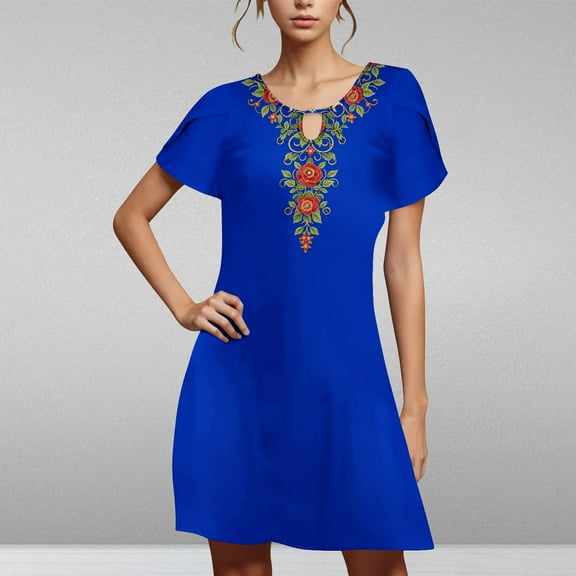 Viikei Breathable Cotton Short Sleeve Dress,Women's Casual Loose Summer Printed Short Sleeved Dress Blue S