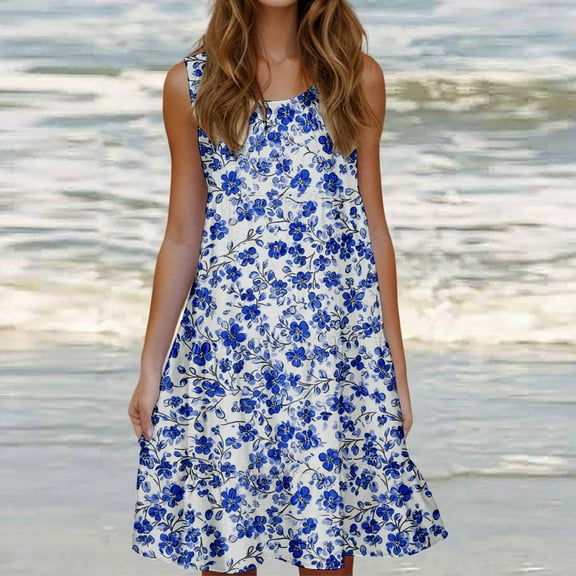 Viikei Breathable Cotton Short Sleeve Dress,Women's Fashion Holiday Summer Solid Color Sleeveless Party Beach Dress Sky Blue L