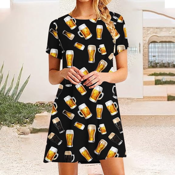 Viikei Breathable Cotton Short Sleeve Dress,Women's Short Sleeved Dress with Floral Print Round Neck Dress Black S