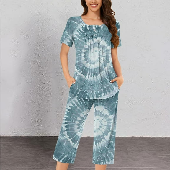 Viikei Breathable Cotton Sleepwear for Women - Comfy Home Loungewear,Women's Round Neck Short Sleeve Sleepshirt and Pants Sets Loungewear Pajamas with Pockets Green XL