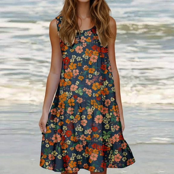 Viikei Breathable Cotton Sleeveless Dress,Women's Fashion Holiday Summer Solid Color Sleeveless Party Beach Dress Orange L