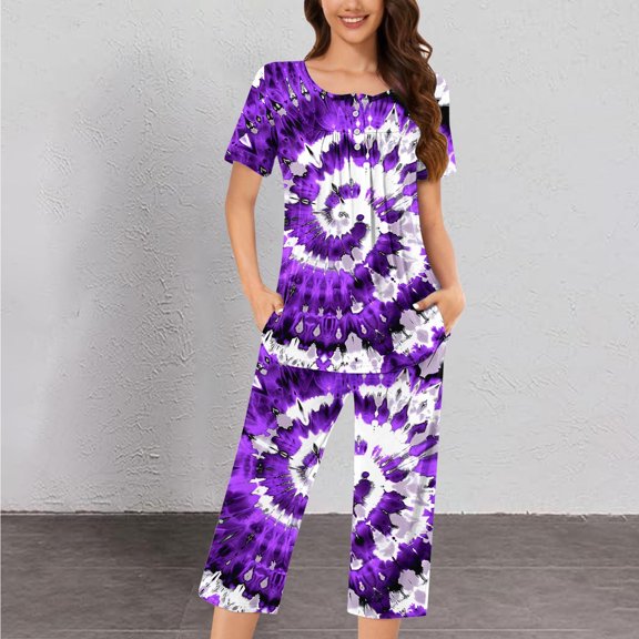 Viikei Breathable Pajama Set for Women Cool Sleep Comfort,Women's Round Neck Short Sleeve Sleepshirt and Pants Sets Loungewear Pajamas with Pockets Purple XXXL