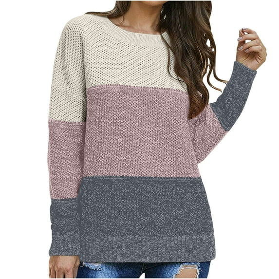 Viikei Cardigan Sweaters for Women Plus Size Women Casual Fashion Color Matching Pullover Long Sleeve Round-Neck Sweater