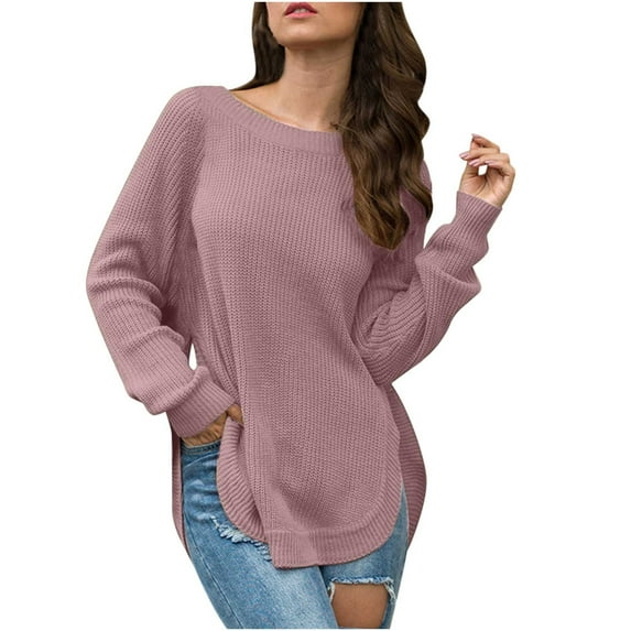 Viikei Cardigan Sweaters for Women Plus Size Women's Long Sleeve Round Neck Pullover Split Solid Color Top Round Neck Sweater