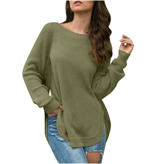 Viikei Cardigan Sweaters for Women Plus Size Women's Long Sleeve Round Neck Pullover Split Solid Color Top Round Neck Sweater
