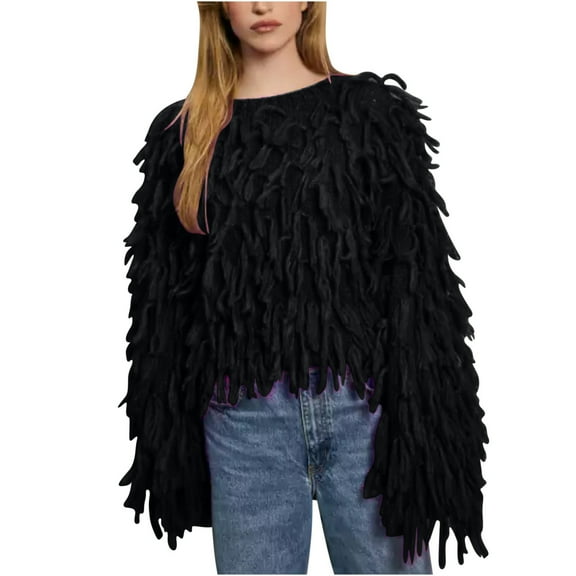Viikei Cardigan Sweaters for Women Plus Size Women's Loose Tassel Fashion Casual Solid Round Neck Pullover Sweater Top