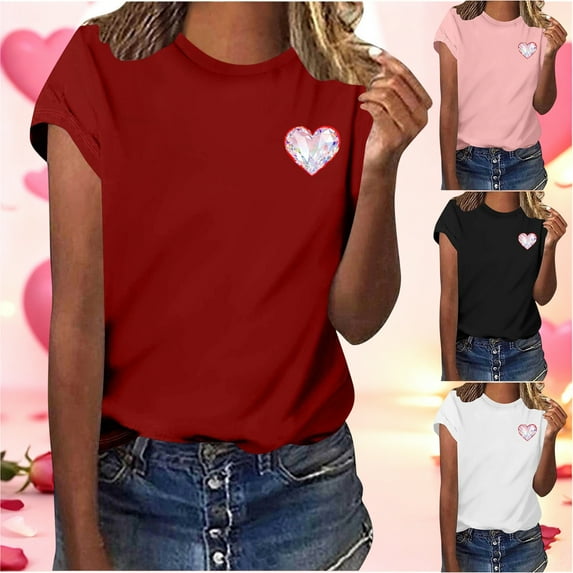 Viikei Casual Crew Neck Short Sleeve Women's Top,Women's Round-neck Heart-shaped Printed Short-sleeved Casual Loose Top Red S