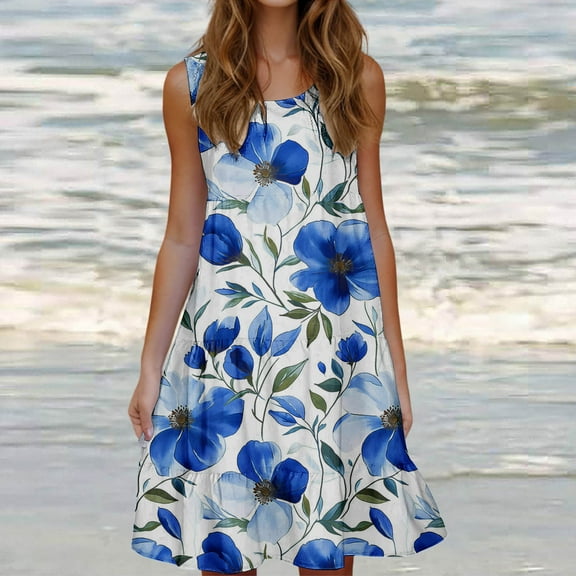 Viikei Casual Floral Print Short Sleeve Dress,Women's Fashion Holiday Summer Solid Color Sleeveless Party Beach Dress Sky Blue M