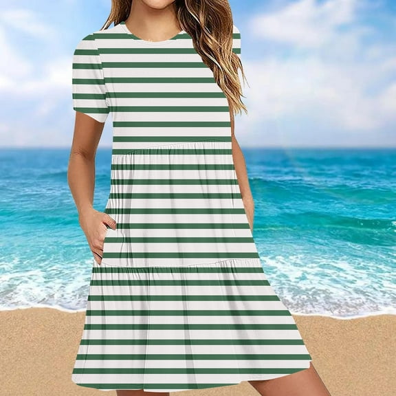 Viikei Casual Floral Print Short Sleeve Dress,Women's Summer Casual Short Sleeve T Shirt Dress Tiered Mini Dresses with Pockets Green S