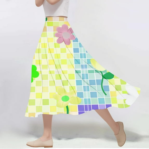 Viikei Casual Skirt with Pockets,Women's Casual Flowers Printed A-line Elastic Waist Skirt Yellow S