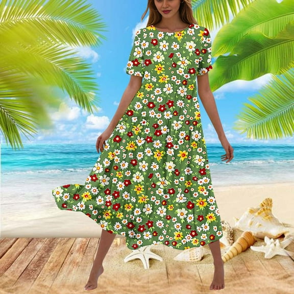 Viikei Casual T-Shirt Short Sleeve Dress,Women's Flower Printing Casual Short Sleeve Crewneck Dress Casual Flowy Tiered Maxi Beach Dress Green S