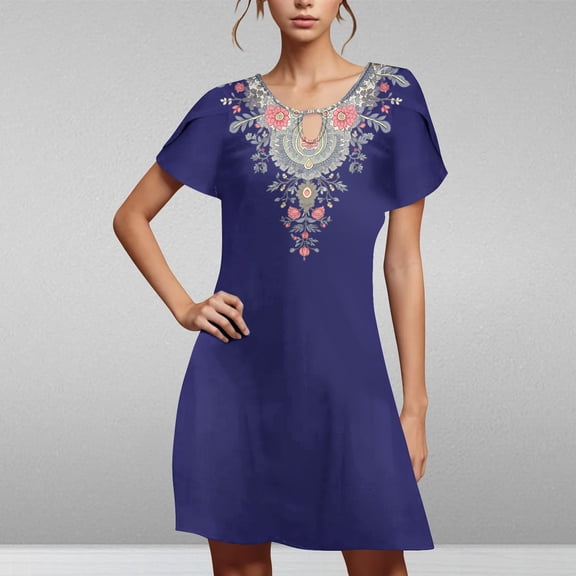 Viikei Casual Tiered Ruffle Short Sleeve Dress,Women's Casual Loose Summer Printed Short Sleeved Dress Navy S